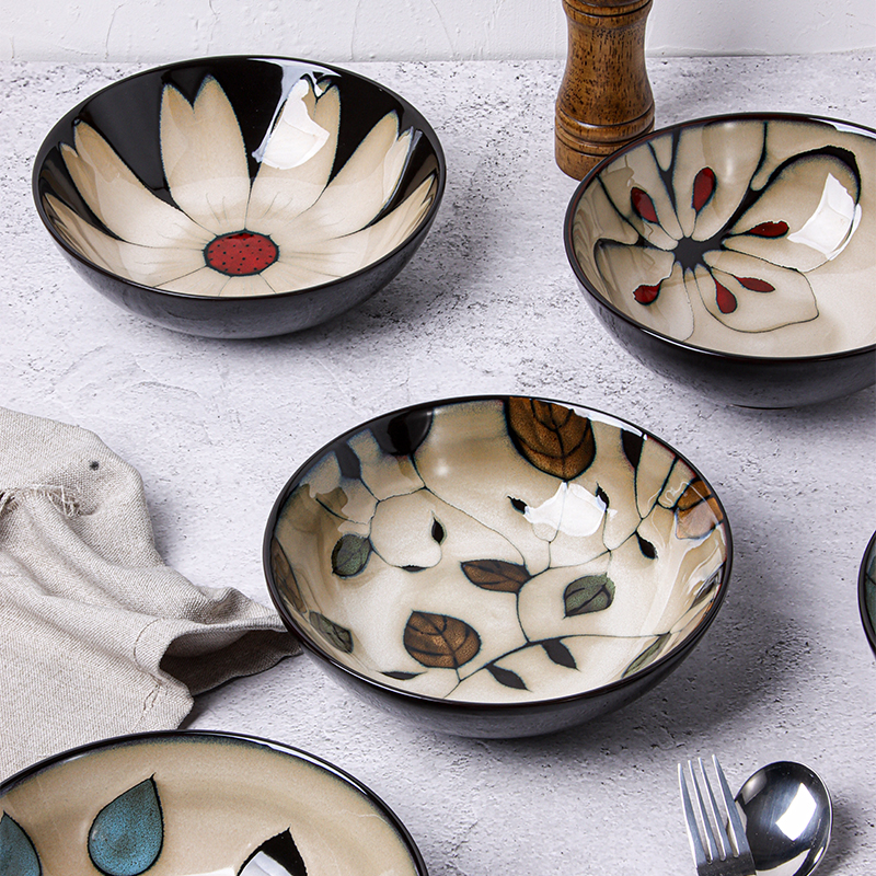 手绘釉下彩餐具美式乡村陶瓷面碗