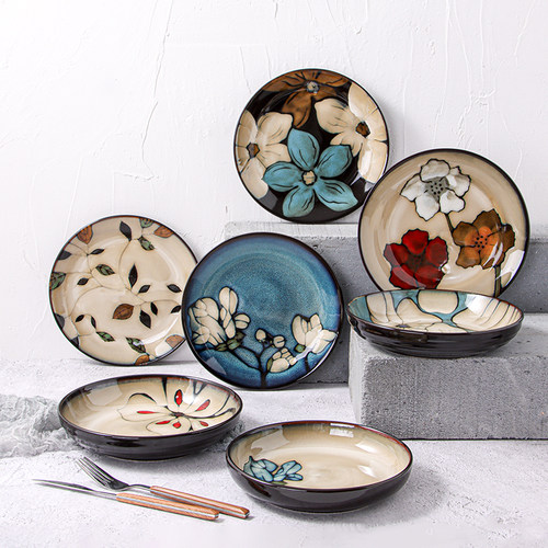 欧式高颜值盘子釉下彩手绘西餐盘