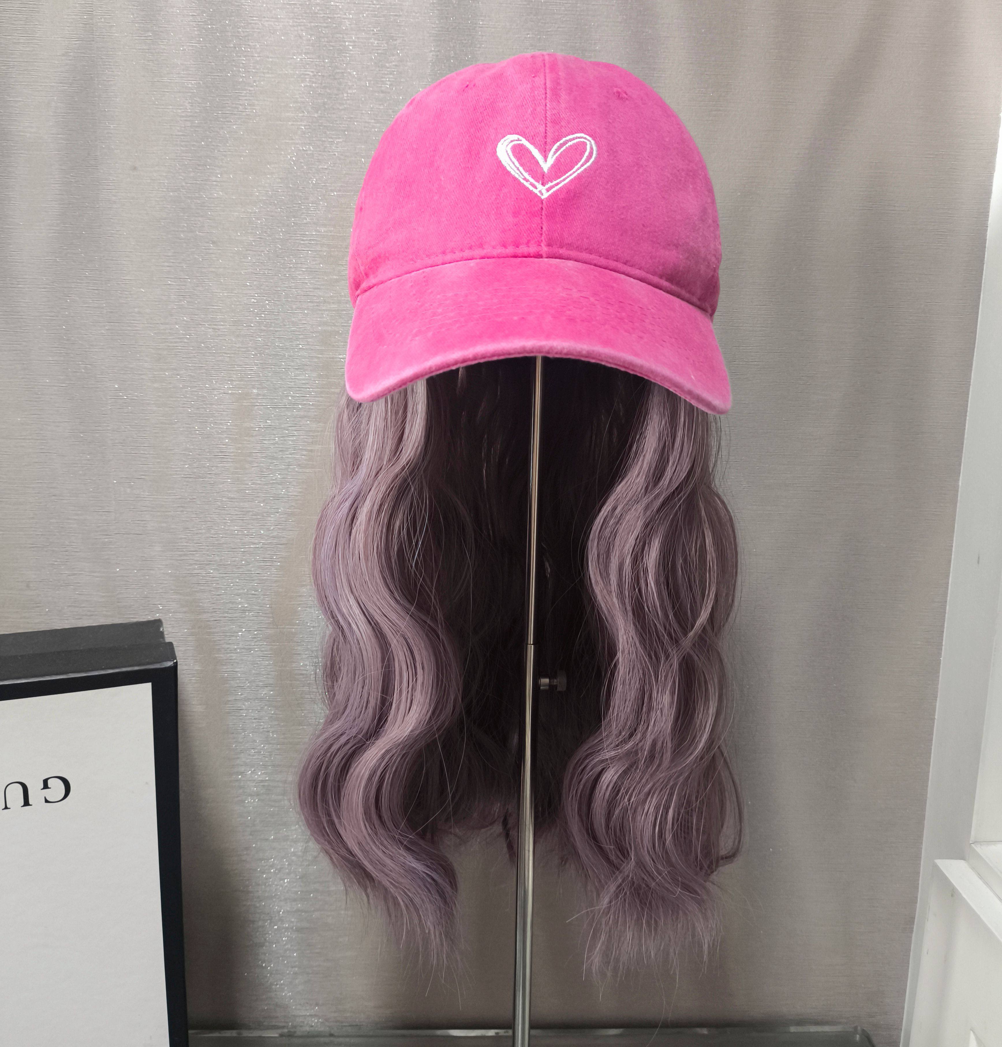 新品少女粉鸭舌帽假发一体可拆卸玫红水波纹中长款甜美减龄棒球帽