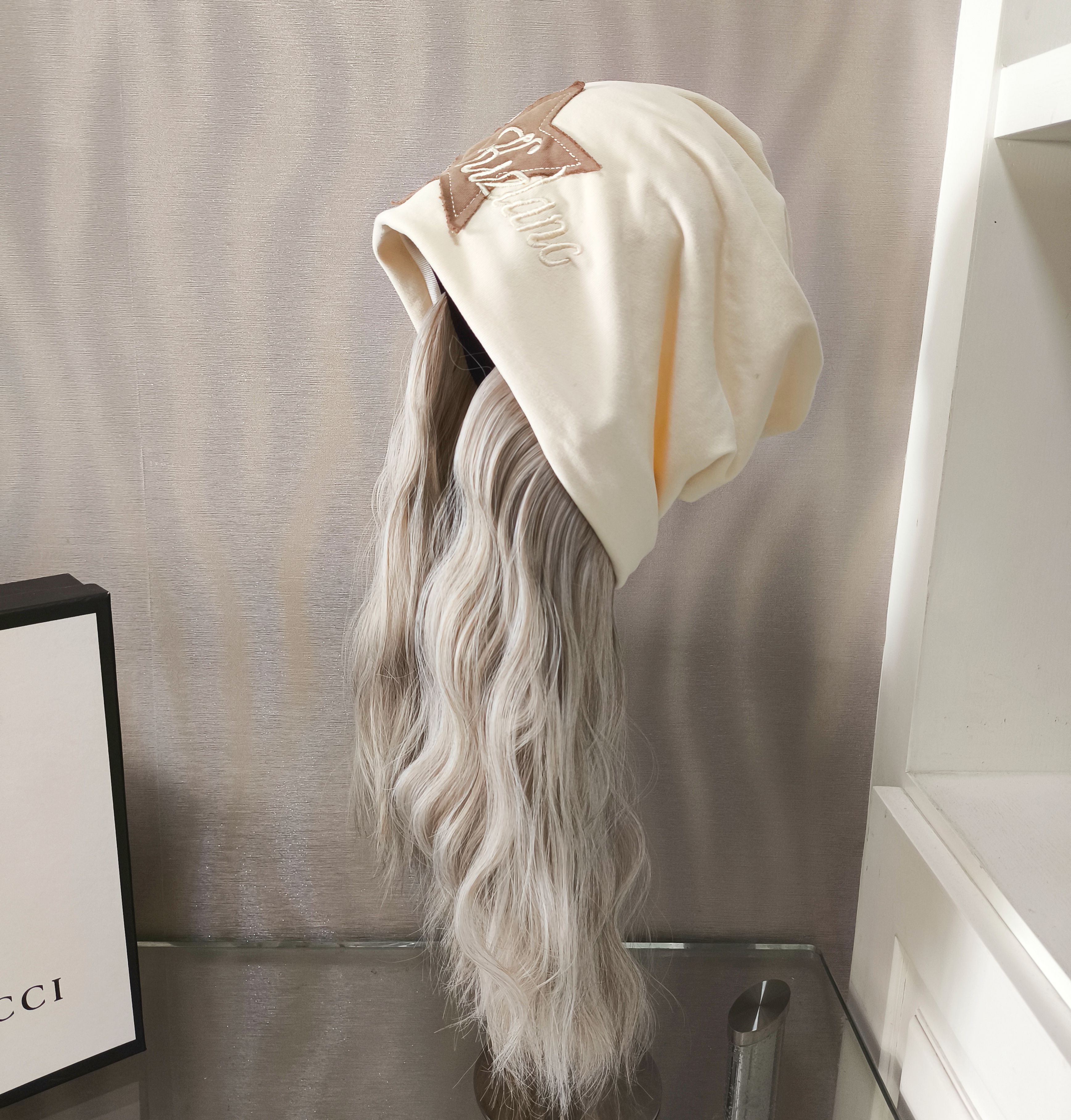 网红包头帽假发帽子一体可拆卸女水波纹甜酷辣妹风嘻哈堆堆帽冷帽