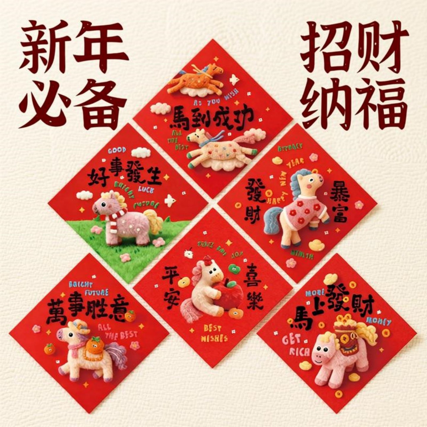 斗方墙2026马年插画生肖小马入户门福字新年布置装饰门贴春联春节,家居饰品,门贴,淘宝优惠券,粉丝福利购,淘宝优惠卷