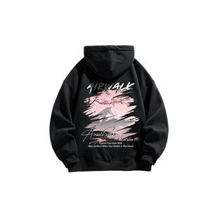 Airwalk复古樱花富士山印花宽松休闲美式 冬 高街套头连帽卫衣帽衫