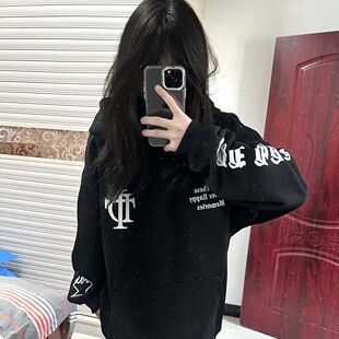 美式手袖星火苗刺绣字母连帽卫衣女大童初高学生宽松少女外套上衣