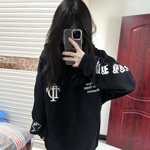 美式手袖星火苗刺绣字母连帽卫衣