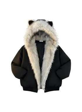 竹记美式复古黑色毛领座山雕外套猫耳朵连帽加绒加厚棉衣棉服女