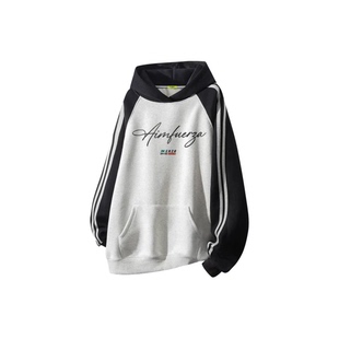 FUERZA美式 高街重磅拼接撞色条纹手绘花体字母印花宽松连帽卫衣