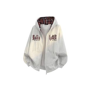 罗宾H美式 连帽卫衣 高街格纹哥特字母图案印花宽松舒适加绒开衫
