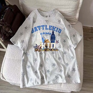 T恤高级感百搭嘻哈上衣运动 男女短袖 美式 洒金星星印花夏季