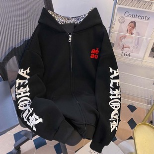 美式 高街梵文印花豹纹连帽卫衣男秋冬潮牌宽松oversize学院风外套