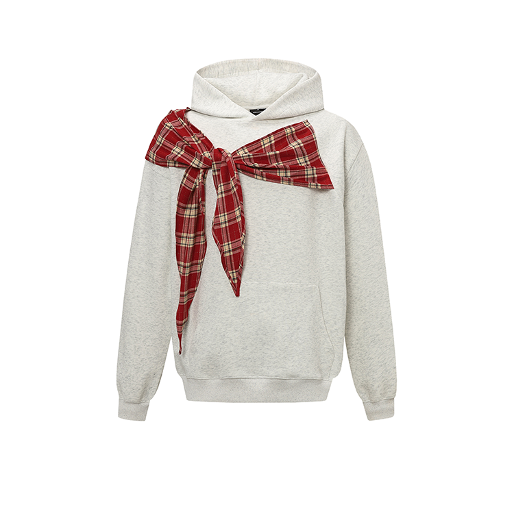 FOCK美式蝴蝶结格子连帽卫衣