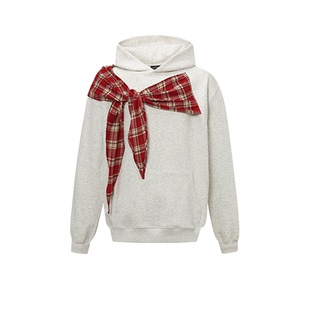 FOCK美式蝴蝶结格子连帽卫衣男女设计宽松情侣帽衫外套上衣ATKFY