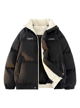 WR复古美式拼接撞色立领休闲保暖防风寒长袖外套冬羽绒棉服棉袄