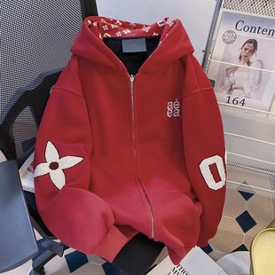 外套秋冬国潮男女帽衫 美式 复古满印宽松刺绣连帽卫衣拉链开衫