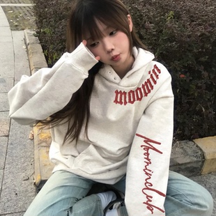 美式复古高街双纽扣连帽卫衣女秋冬加绒加厚潮流百搭慵懒上衣帽衫