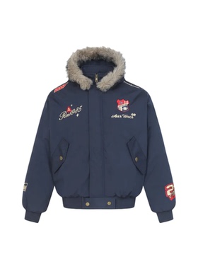 CMPG美式复古徽章可拆卸连帽毛领派克宽松休闲加厚拉链棉服外套