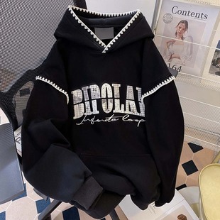 美式 高街重磅贴布刺绣连帽卫衣男秋冬宽松oversize情侣慵懒风上衣