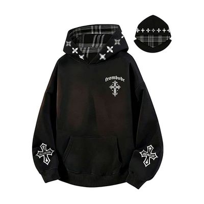 美式原创十字架刺绣连帽卫衣女