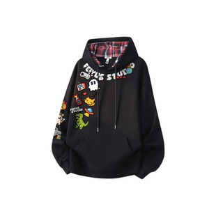 美式高街卡通印花休闲基础落肩加绒加厚格子男女连帽卫衣秋冬