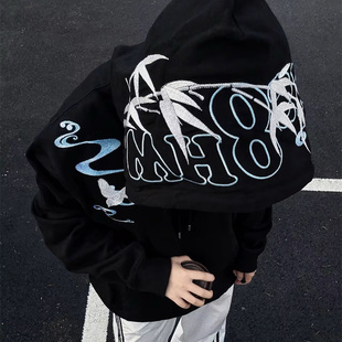 帽衫 情侣款 外套女潮牌 竹雀刺绣连帽卫衣男宽松加绒加厚美式 新中式