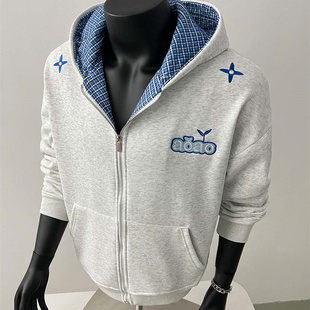 型刺绣加绒外套 拉链卫衣男女小众Boxy短宽版 美式 撞色格子连帽开衫