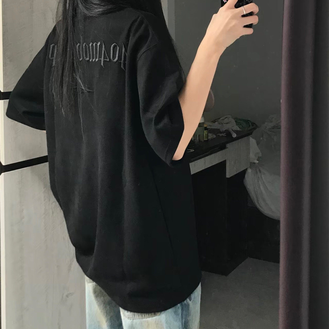 麂皮绒字母刺绣短袖t恤女夏季设计感小众美式复古国潮牌黑色上衣