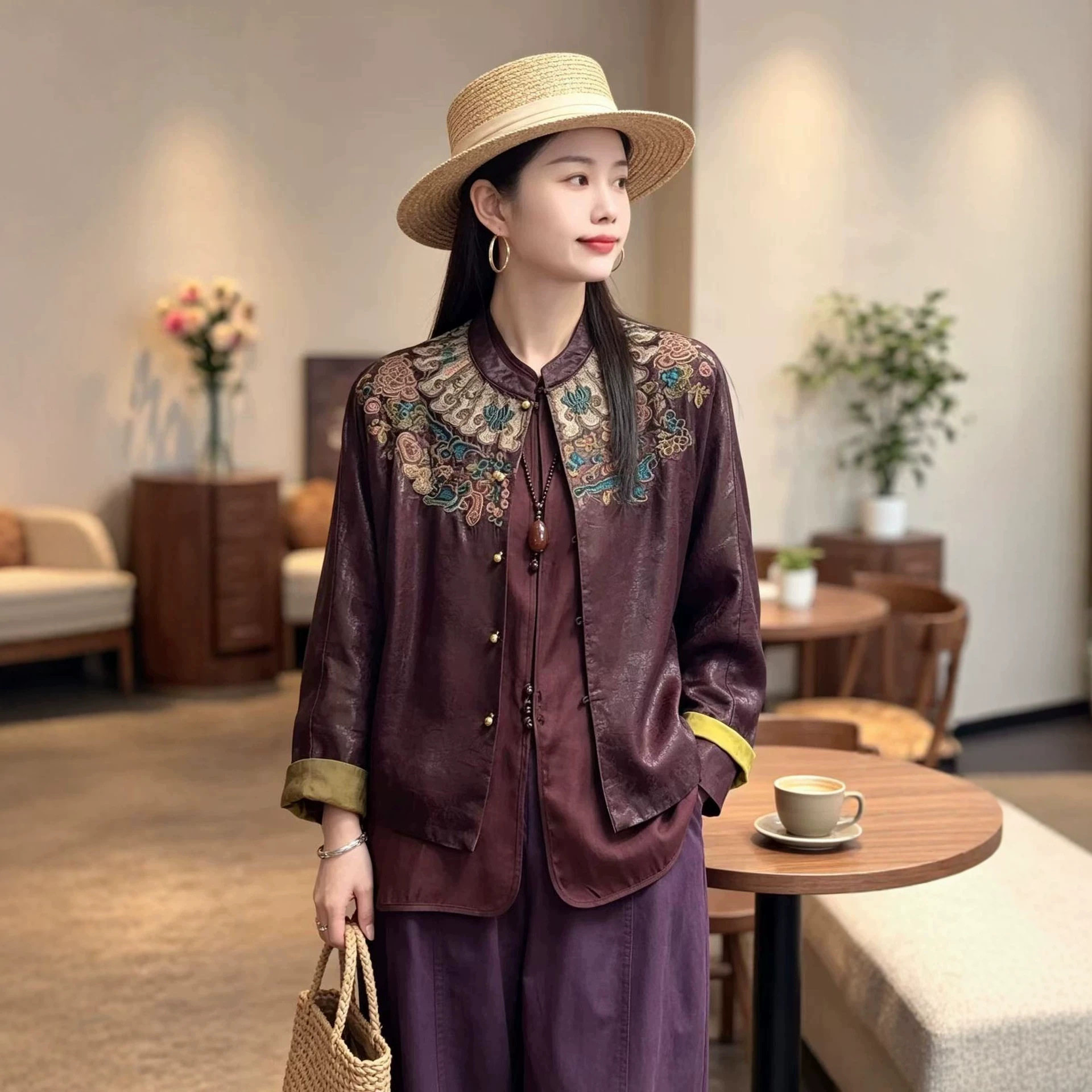 园园美衣中式国风女装人丝香云纱苗绣开衫复古高级感轻奢外套春秋图片