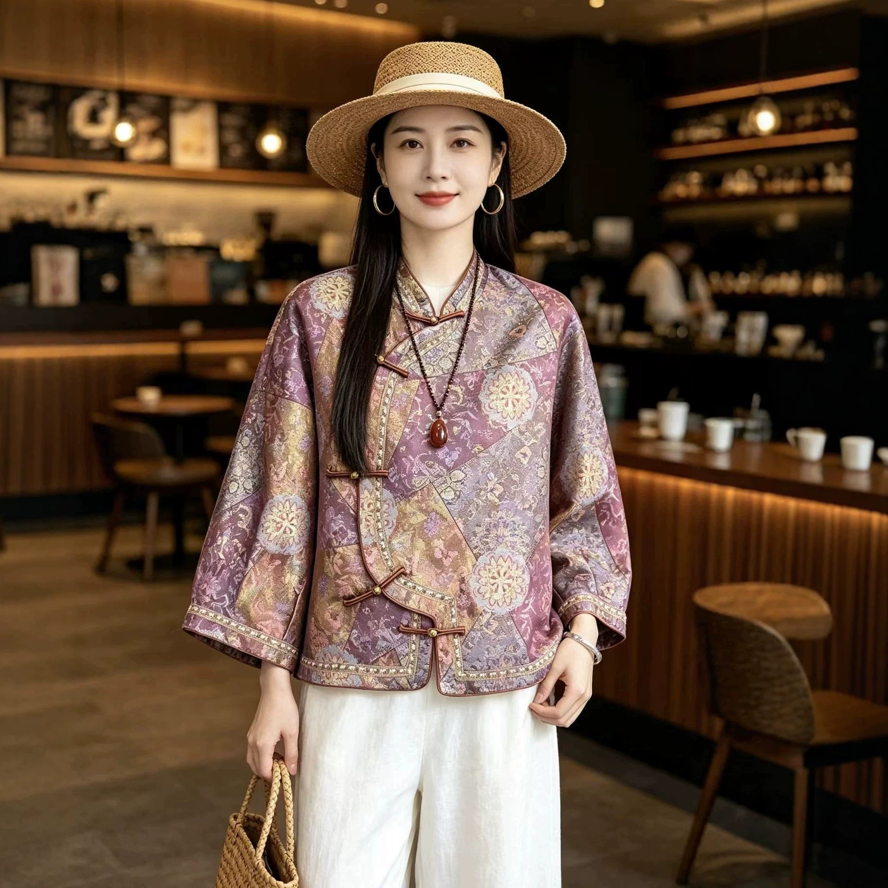 园园美衣国风女装宋锦织锦提花七分袖上衣复古高级感小衫外套春秋图片
