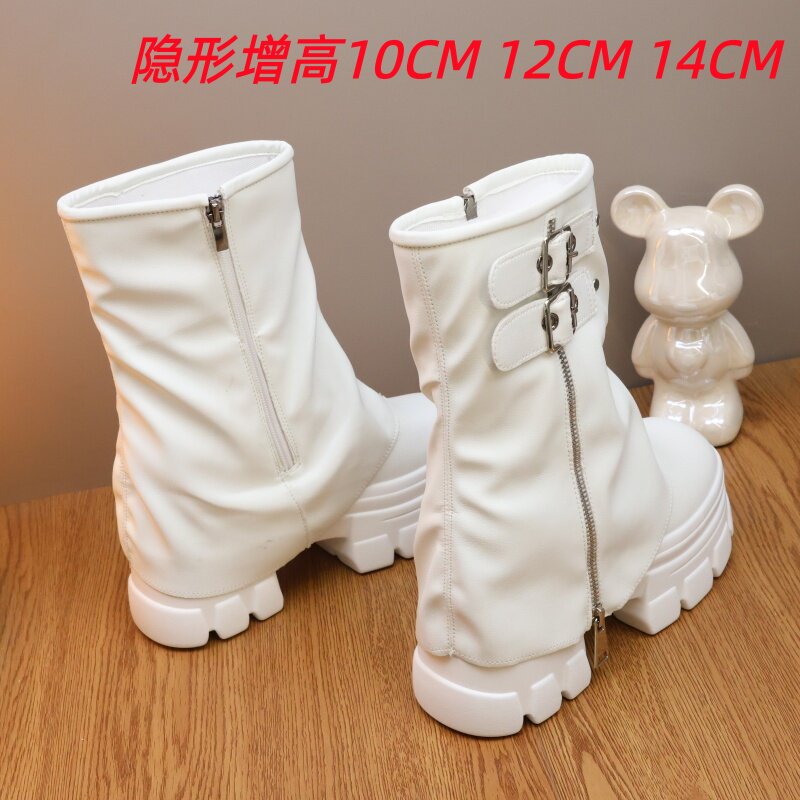 白色14cm增高厚底马丁短靴女