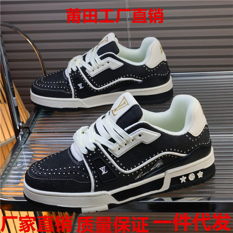 欧美站轻奢铆钉板鞋男2026新款黑白拼色系带休闲鞋潮流牛仔布鞋子,流行男鞋,休闲板鞋,淘宝优惠券,粉丝福利购,淘宝优惠卷