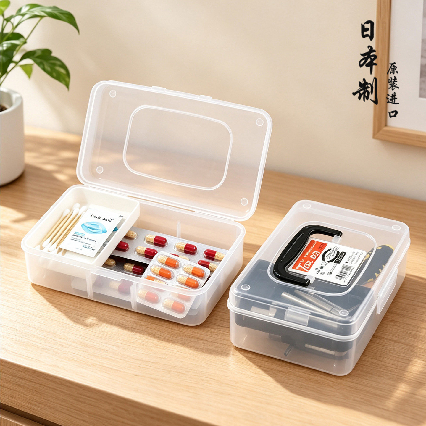 日本进口小药箱家用透明迷你急救医疗箱便携式手提医用药品收纳盒