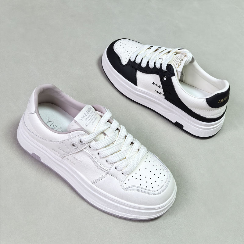 真皮跑步鞋小白鞋女绑带圆头运动鞋女2025新款德训鞋舒适休闲女鞋