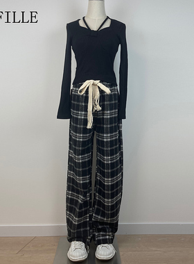 VIFILLE瑞飞儿秋冬休闲复古高腰格子阔腿裤直筒长裤女V21WB935132