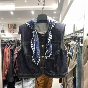 新款 欧洲站2025秋季 欧货圆领系丝巾宽松休闲显瘦牛仔马夹外套7805