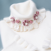 高领花边毛衣套头针织衫 木耳花边花朵订珠上衣淑女 秋冬打底荷叶袖