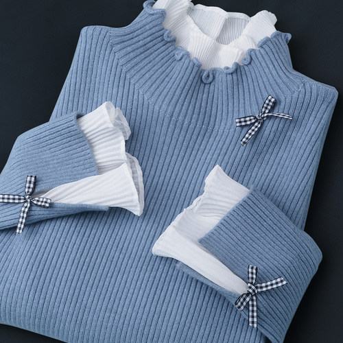 高领打底毛衣蕾丝荷叶假两件