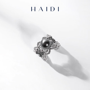 10mm设计款 大溪地黑珍珠戒指S925银女指环 罗马风情 海蒂珠宝