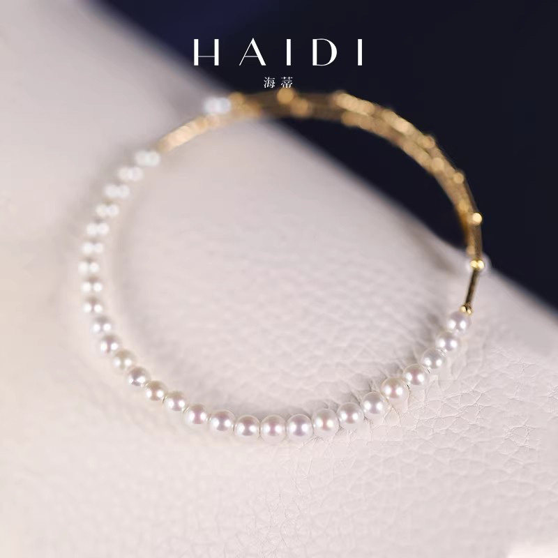 海蒂珠宝 遇见3-4mm白色淡水珍珠手镯18K金baby珠女正品送礼物