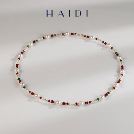 海蒂珠宝 知否 6-7mm海水akoya珍珠红宝石沙弗莱项链 18K金彩宝女