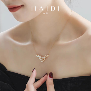 18K金 海蒂珠宝 浅金色正圆海水Akoya珍珠项链 故事 钻石◇ 玫瑰