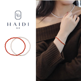 3mm淡水珍珠手链18K金南红手串弹力绳本命年手链 海蒂珠宝 福鲤