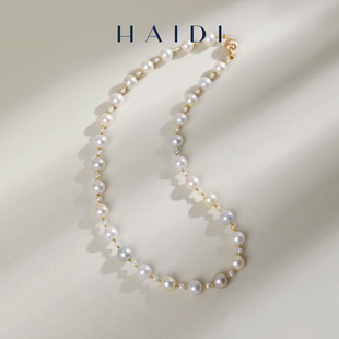 9mm强光混彩Akoya海水珍珠项链女 百搭锁骨链K金 霜彩 海蒂珠宝