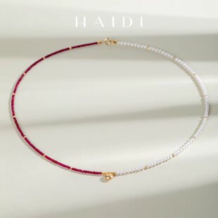 海蒂珠宝丘比特1 锁骨链18k金时礼物◇ 3mm红宝石淡水珍珠项链AB款