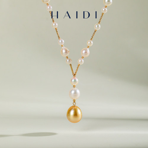 海蒂珠宝 日落星海 约4-11mm海水akoya南洋金珠设计款Y字项链18K