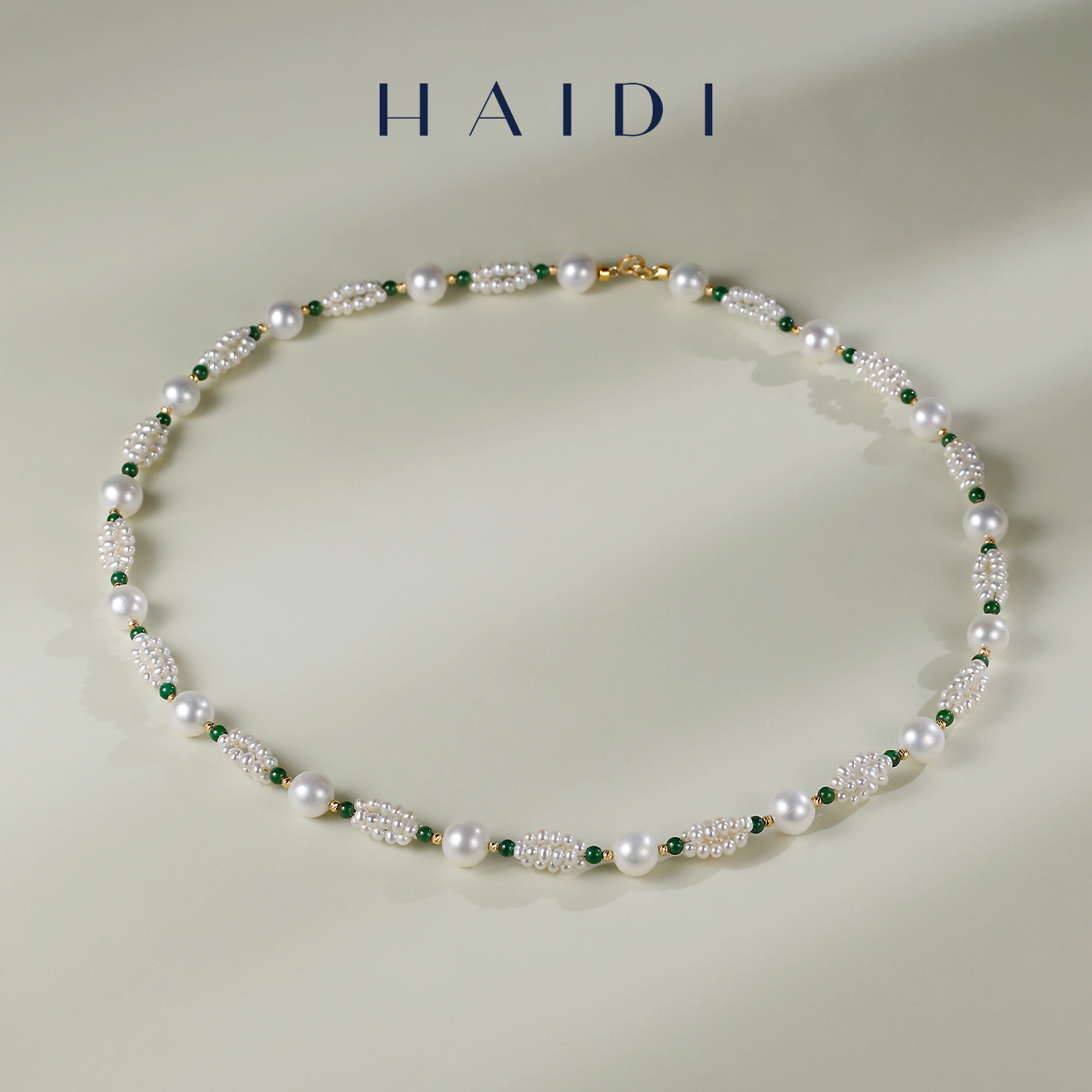 海蒂珠宝【双十二新品】茉莉青柚2-8mm淡水珍珠翡翠编织项链18K金