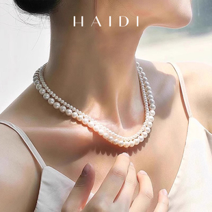 7mm强光淡水珍珠双层项链梁静茹春晚同款 S925银 浅陌 海蒂珠宝