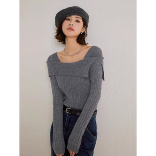 弥古灰色一字肩针织衫秋冬内搭毛衣女小众设计感长袖修身打底上衣