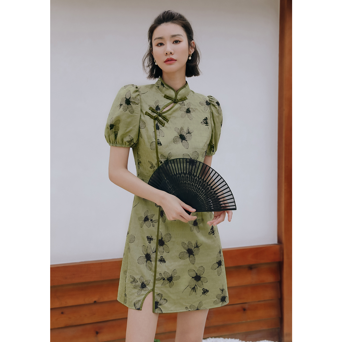弥古新中式改良旗袍小个子国风连衣裙度假沙滩裙女夏绿色碎花裙子