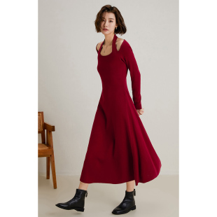 挂脖小红裙复古红打底裙子 长袖 弥古红色针织连衣裙女外穿春季 修身