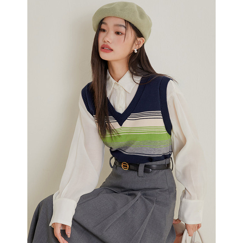 弥古v领针织毛衣学院风马甲女春秋撞色条纹叠穿背心内搭外穿坎肩