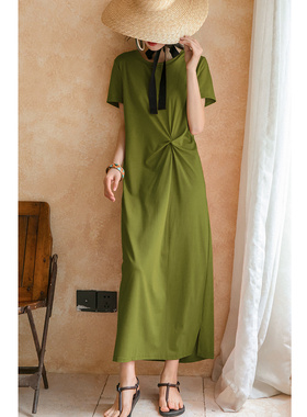 弥古绿色t恤连衣裙橙色懒人长t裙高级感收腰裙子女夏季长裙沙滩裙